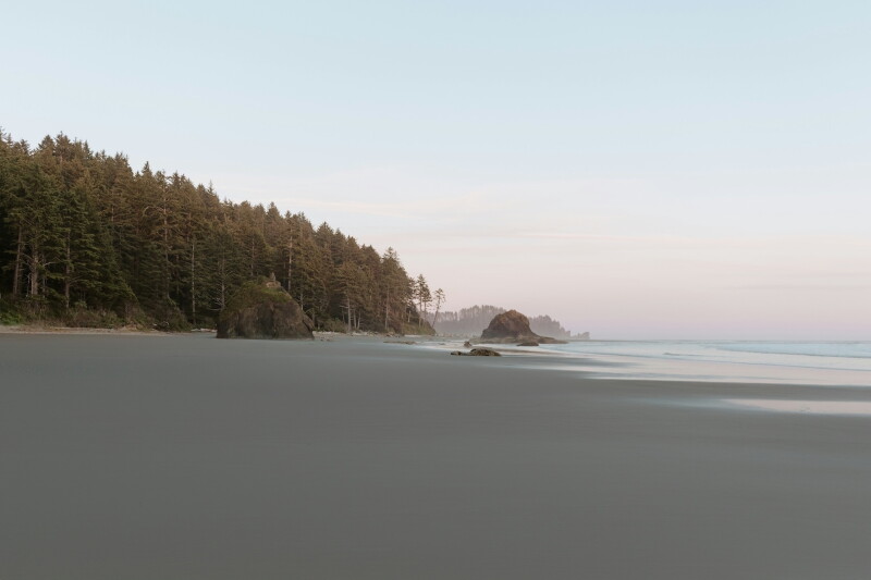 Broad, flat expanse of dark volcanic sand along calm shoreline with forest and sea stacks in distance
