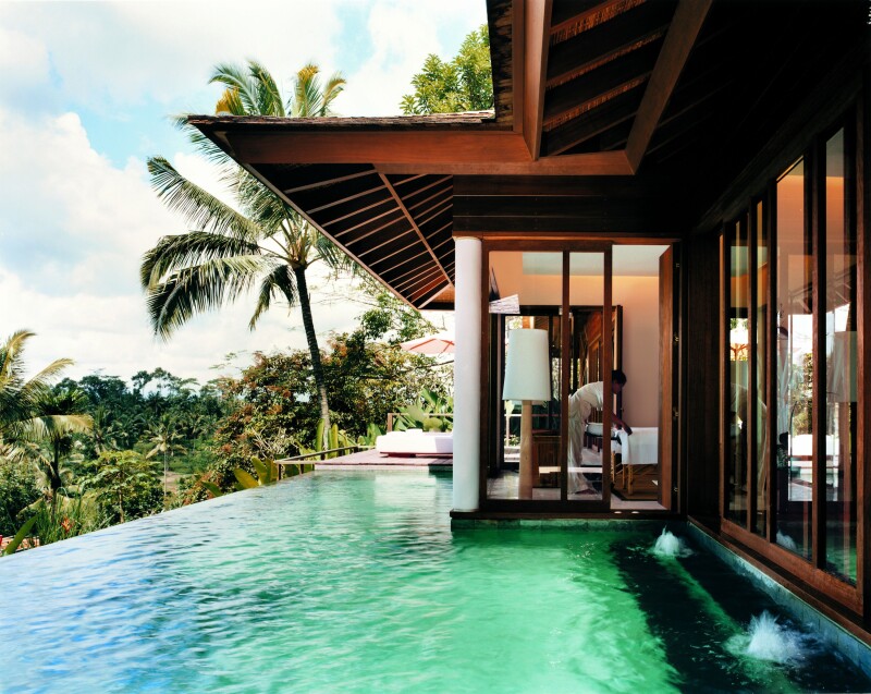 Exterior of a villa at Como Shambhala Estate, with private infinity pool and view of surrounding jungle