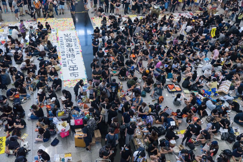 Protesters fill Hong Kong International Airport on August 10, 2019.
