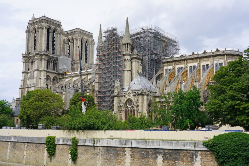 A July photo shows scaffoldings on Notre-Dame de Paris after fire damaged the cathedral in April 2019.