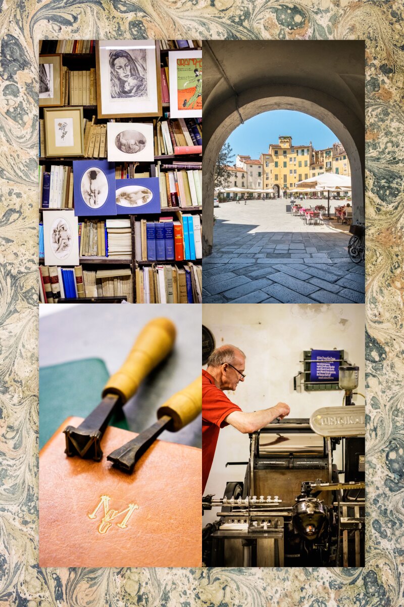 Clockwise from top left: Libreria Gozzini in Florence; Lucca’s Piazza dell’Anfiteatro; a Heidelberg press at Antica Tipografia Biagini in Lucca; a leatherbound book at Giulio Giannini e Figlio in Florence.