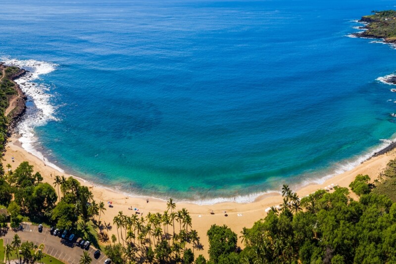 Aerial view of a horseshoe-shaped bay with blue-green water and palm trees on golden sand
