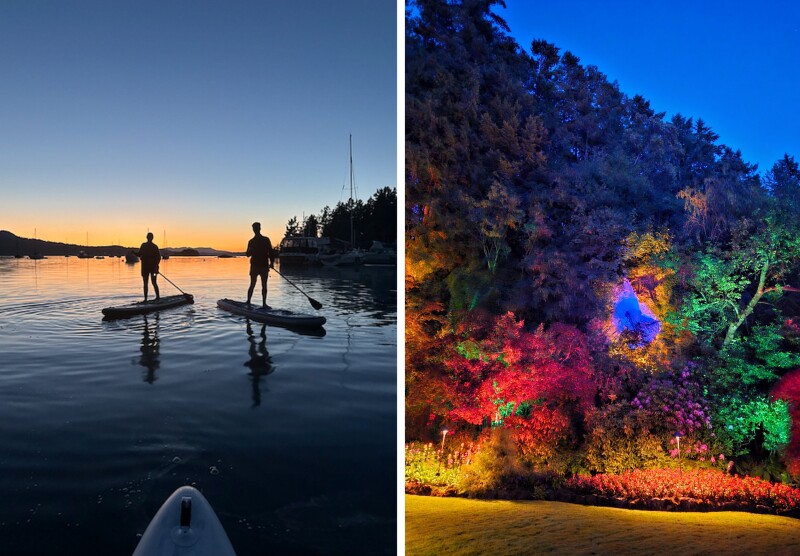 Two people on stand-up paddleboards at dusk (left) and colourfully lit trees in Butchart Gardens
