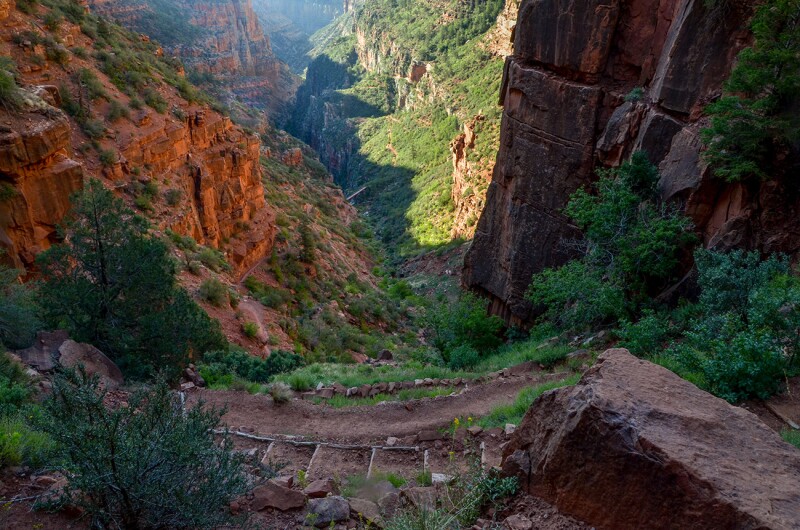 Hike into the canyon on the North Kaibab Trail, then spend the night at the Bright Angel Campground.