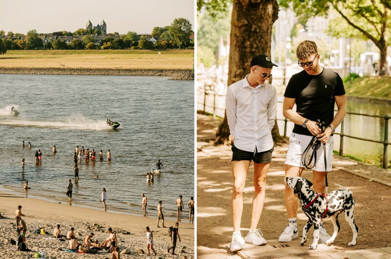 Left: People swimming and riding Jet Skis in shallow water between two sandy beaches. Right: Two men walk with their Dalmatian on a dirt park path along a canal.