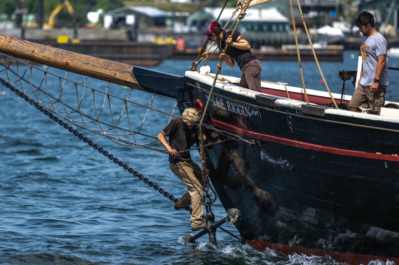 J&E Riggin, a historic windjammer in Maine, races in the Great Schooner Race in 2022.