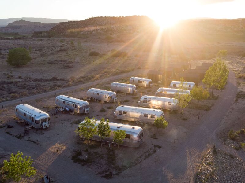 Airstream trailers and a drive-in movie theater take travelers back in time at Yonder Escalante.