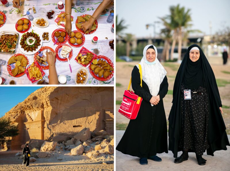 Three photo spread: a picture of iftar, two Saudi Arabian women, and UNESCO site Hegra and Mada’in Salih
