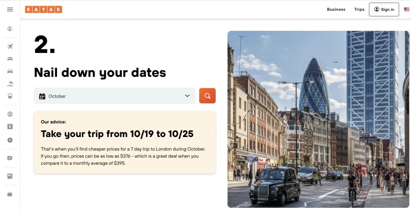 Screenshot of Kayak's Best Time to Travel Tool