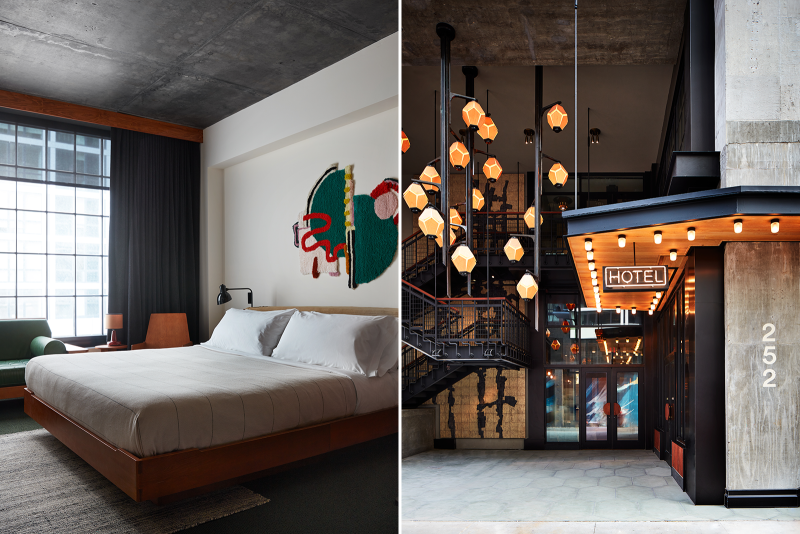 Two photos side by side including the bedrooms at Ace Hotel Brooklyn and its entrance