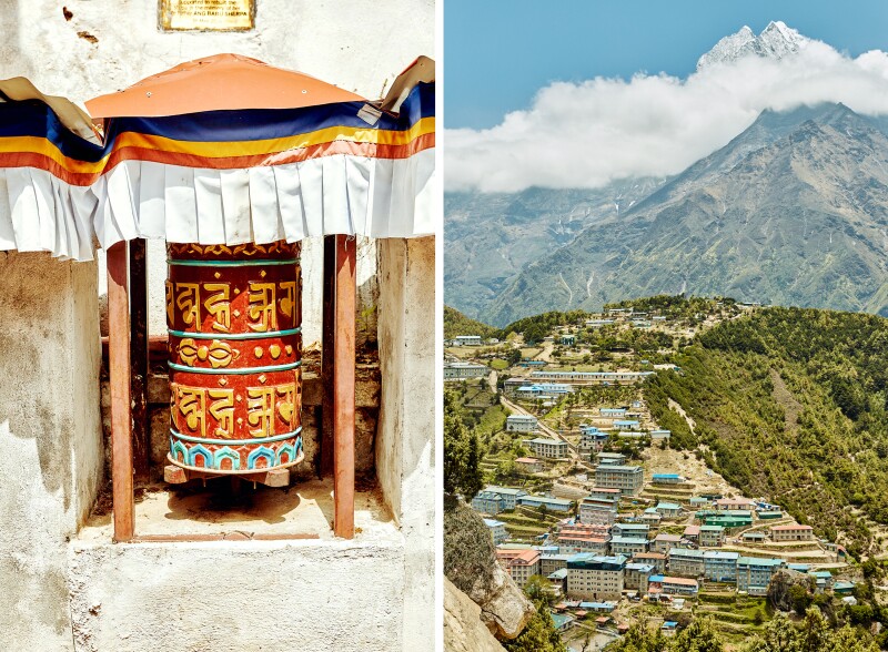 A red, yellow, and blue prayer wheel (L); aerial view of Namche Bazaar, with numerous blue roofs (R)