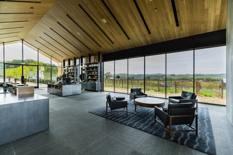 Architect Daniel Piechota designed the tasting room to frame the winery’s 75 acres of cabernet vines.
