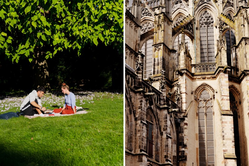 Left: two people picnicking in a park in Utrecht. Right: A photograph of a cathedral in Utrecht.