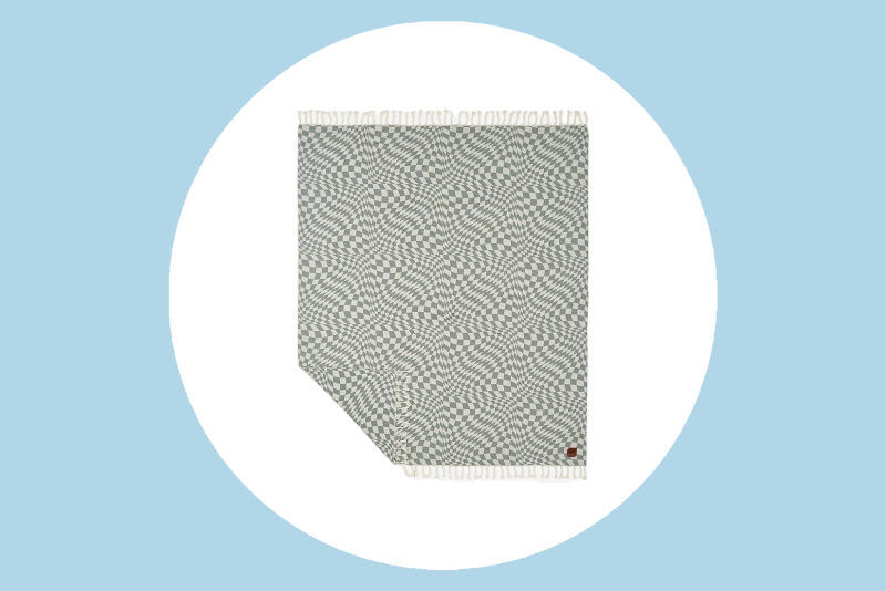 Slowtide Opt Out Fringe Trim Cotton Beach Blanket in green geometric pattern