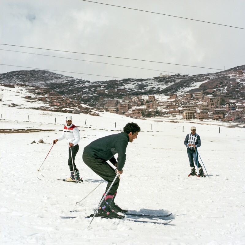 OUKAIMEDEN, MOROCCO FEB 2014 Moroccan tourists, often from Casablanca and Rabat, enjoy skiing for the first time on the lower slopes of Oukaimeden in Morocco's Greater Atlas Mountains.