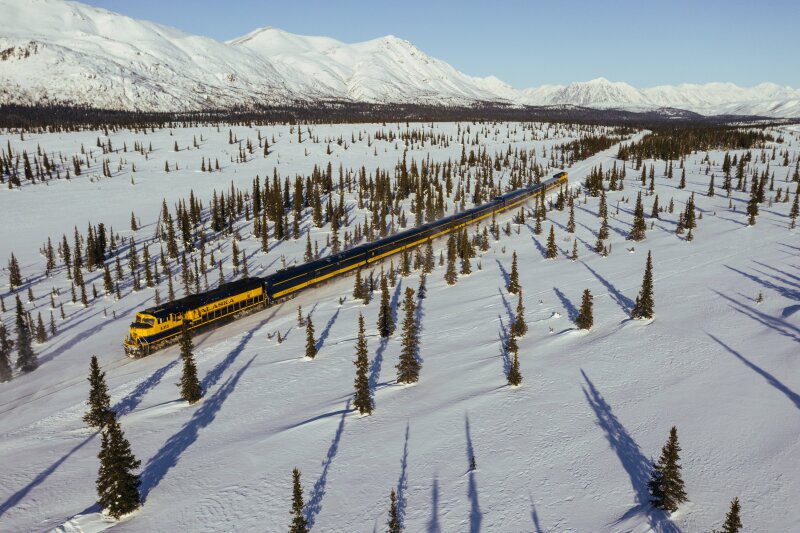 Aerial view of yellow and dark blue train passing through a snow-covered expanse, with pine trees and snow-covered mountains in background
