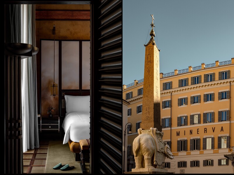 A split image with a guest room on the left side and the facade of the La Minerva hotel on the right with an obelisk statue atop an elephant in the foreground