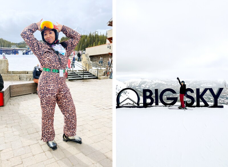 Deanna Teasley from the BIPOC Mountain Collective ski group from Seattle, and the writer Shayla Martin posing by a Big Sky sign