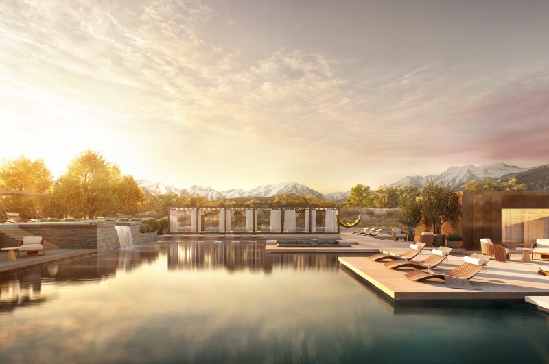 A rendering of the pool area at Ameyalli by Appellation in Park City, Utah, with snow-capped mountains visible in the distance