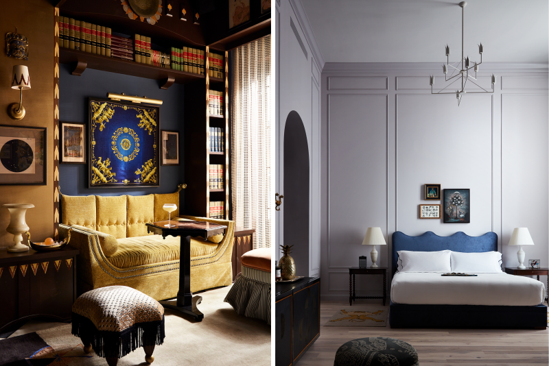 Maison de la Luz's lobby bar for guests (left) and a guest room (right)
