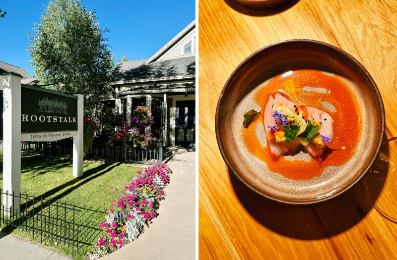Exterior of Rootstalk with front yard flowers (L); overhead view of bowl of soup on wooden table (R)