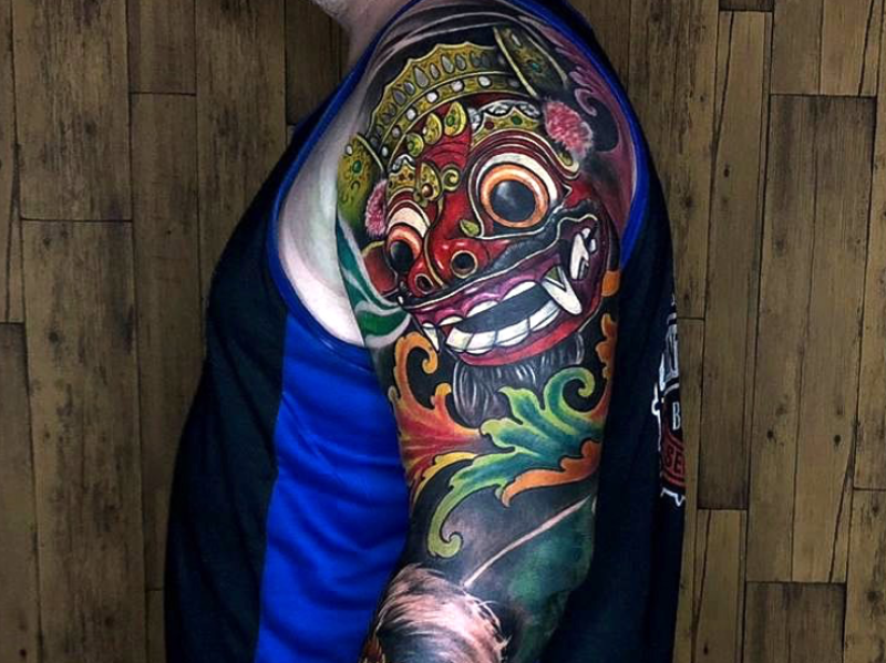 This piece done by an artist at Tattoo Hut depicts Barong, a force for good in Balinese mythology.
