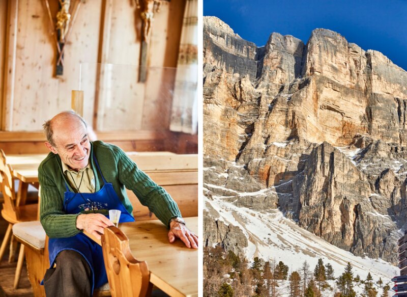 Erwin enjoying his pine grappa inside Rifugio Santa Croce.