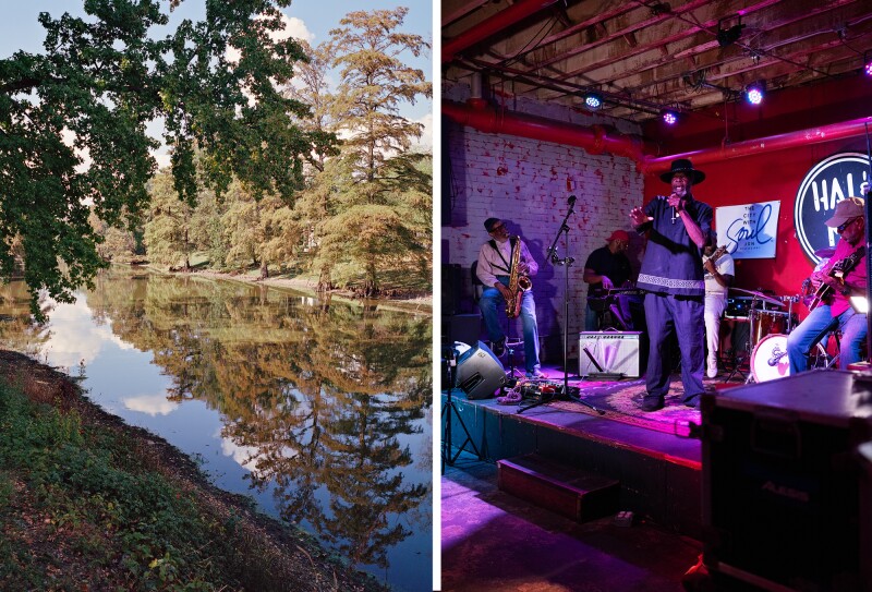 Flat water with trees reflected in it (L); small blues band on stage (R)