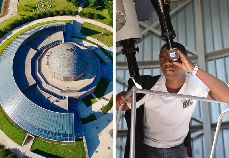Aerial view of Adler Planetarium (L); person peering through viewing scope inside planetarium (R)