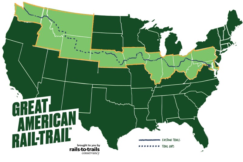 The solid lines are the existing trails, while the dotted lines represent trail gaps that need to be built to connect the route.