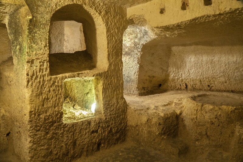 Dozens of burial chambers make up the 21,000-square-foot Saint Paul Catacombs.