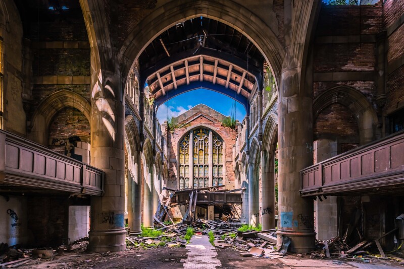 Ruined arched interior, strewn with debris, of City Methodist Church in Gary