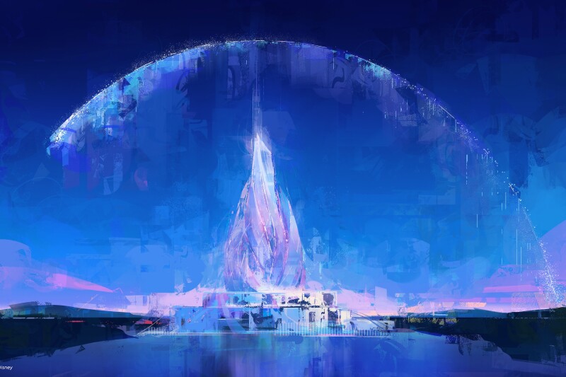 A rendering of the forthcoming Disney theme park in Abu Dhabi with a large crystal-like pink and blue structure underneath an iridescent dome