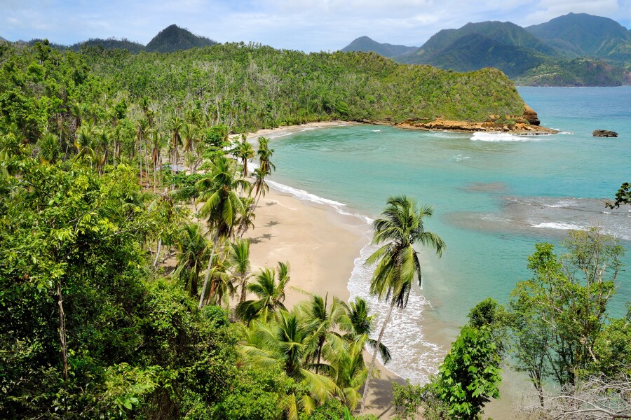 Aerial view of sandy beach, surrounded by tropical forest, with hills in distance