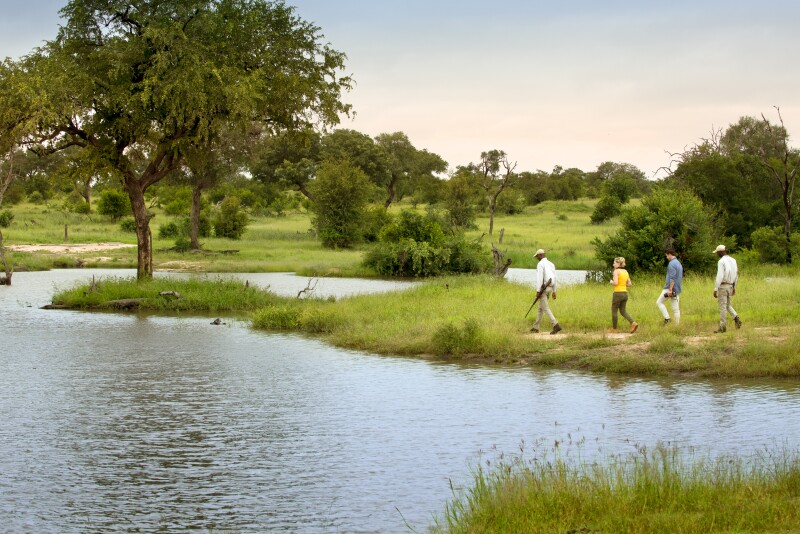 A Cheetah Plains safari: people walking beside river