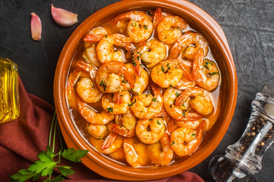 Traditional spanish shrimp with garlic, usually prepared with olive oil, top view