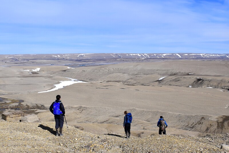 A guide and two Quark Expeditions guests near "Google Canyon"