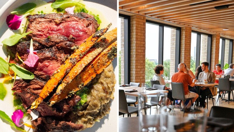 A plate of meat and vegetables at Owamni restaurant (L) and diners at tables (R)