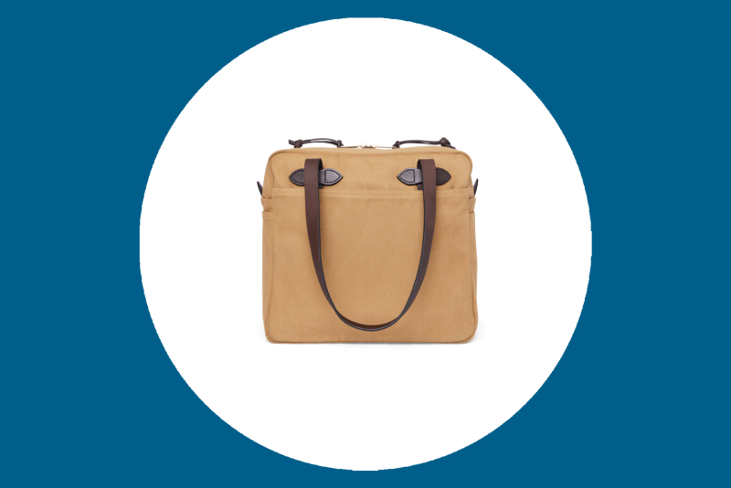 Filson Zippered Tote in tan canvas with brown leather straps