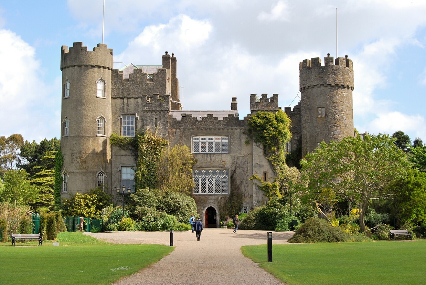 Malahide Castle features round towers on 260 acres of parkland.