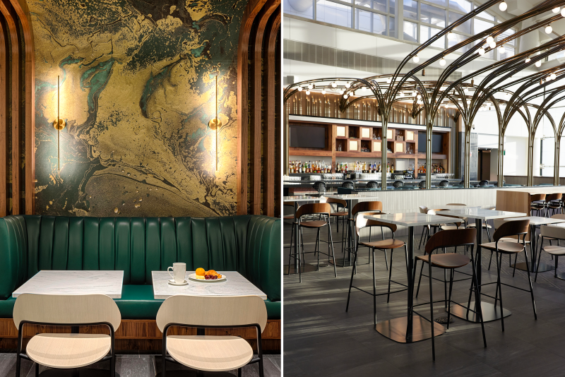 Two views of interior of Amex Centurion Lounge Seattle: dark green banquette with small white tables (L) and empty bar with high-top chairs and tables (R)