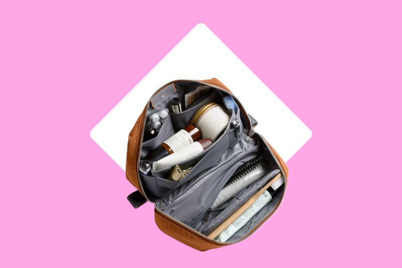 Bellroy toiletry kit unzipped and filled with toiletries