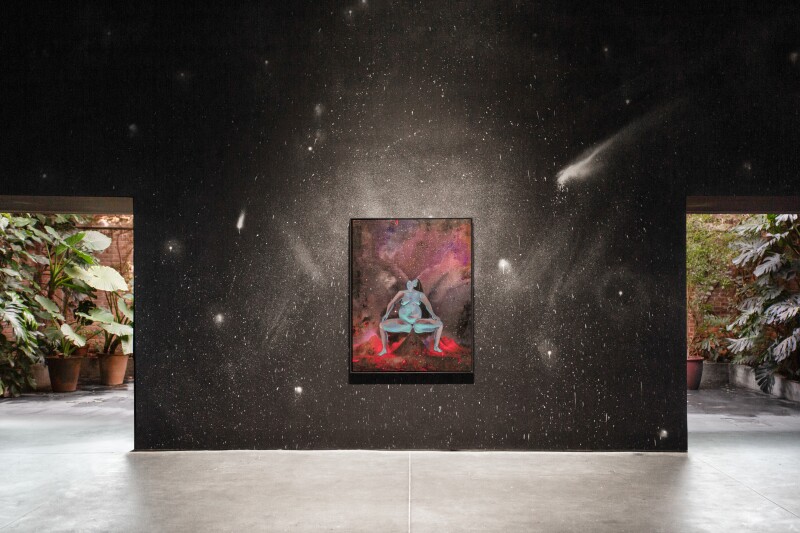 Artwork centered on dark wall by Pia Camil in OMR Gallery