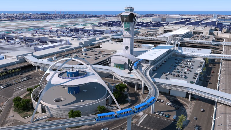 A rendering of an aerial view of the new electric train system coming to LAX.