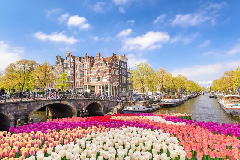 A stone bridge over a canal with boats lining the side and tulips in the foreground of the photo