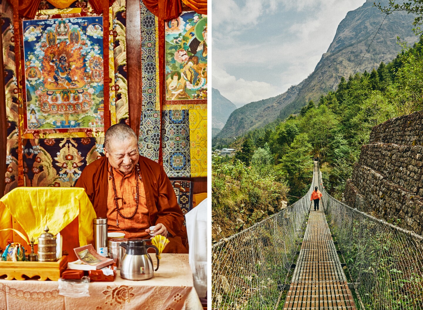 Lama Nokta Rimbuche behind table and in front of intricately detailed, colorful art.