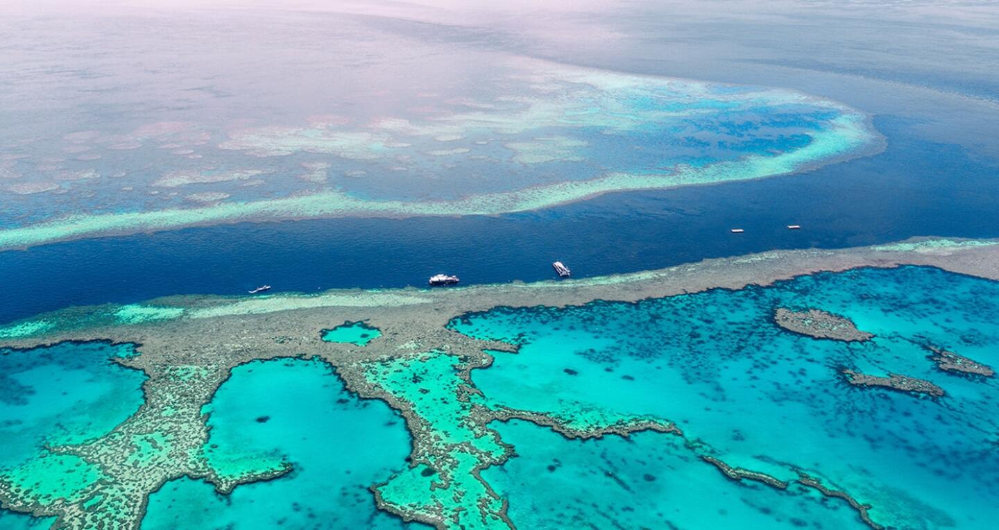 The Great Barrier reef from a helicopter. Boats anchor alongside.