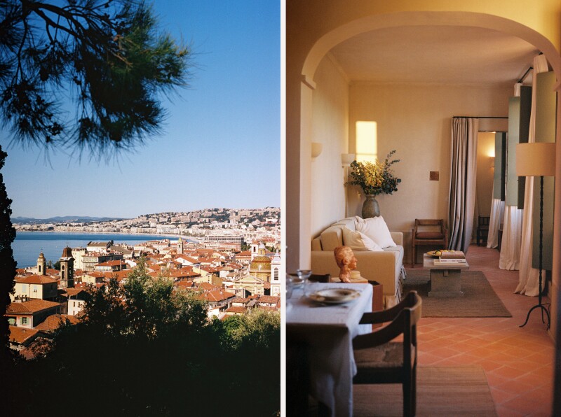 Distant view of city along coast (L); a guest room with stone tile floors, sofa, and long drapes