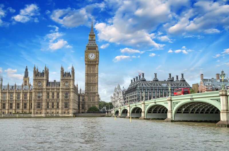 Westminster Bridge in London and Big Ben viewed from river level