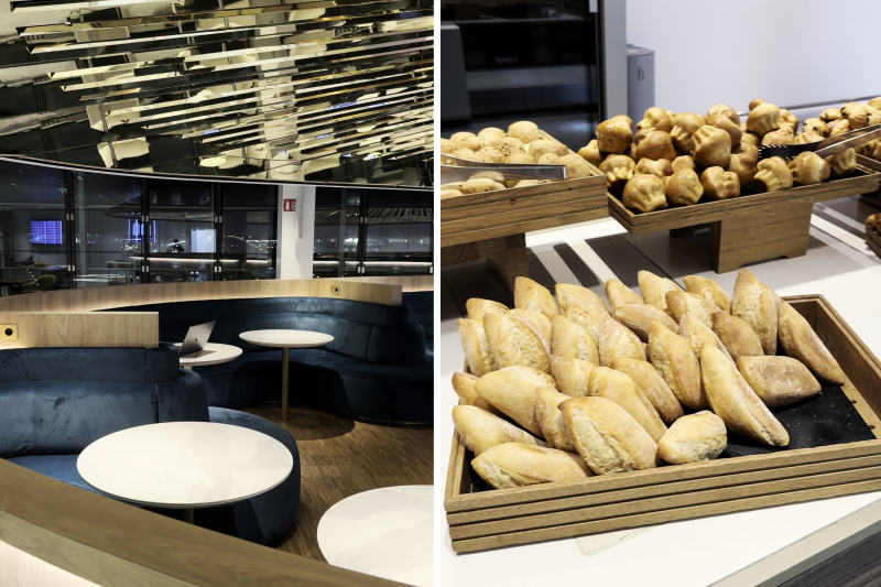 The Air France lounge in Paris airport, CDG, has ample seating, food options, and other traveler-friendly amenities.